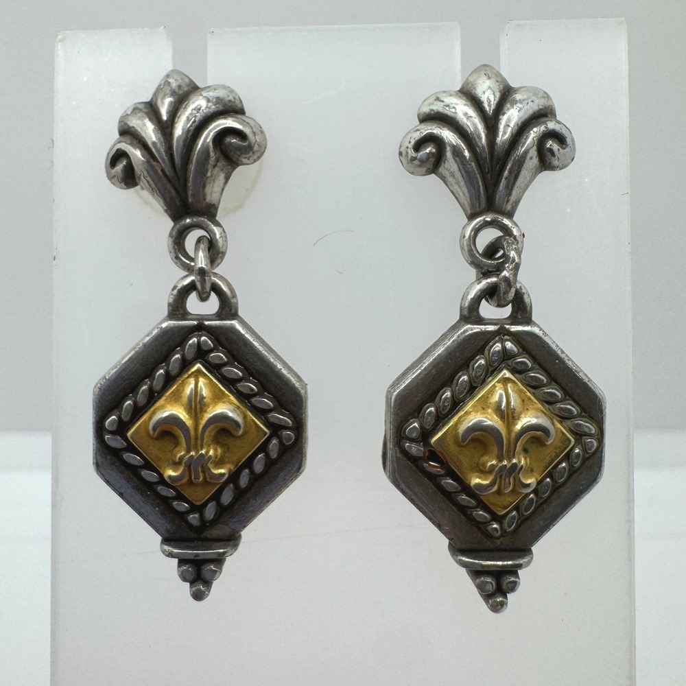 Brighton Fleur-de-Lis Mixed Metal Silver Gold Tone Heart Drop Earrings